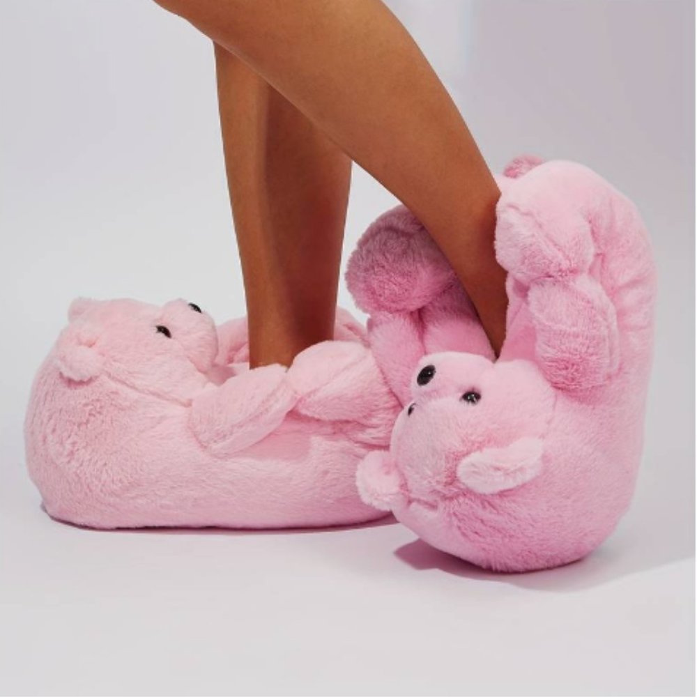 Womens Pink Teddy Bear Slippers OSFM